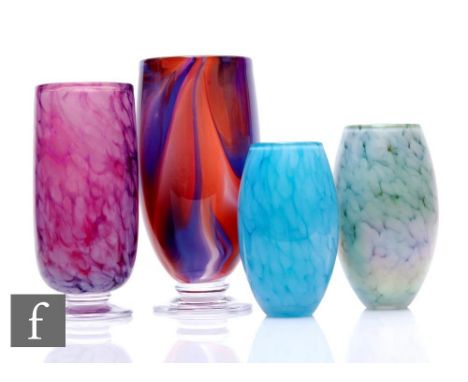A collection of contemporary Jonathan Harris studio glass, including a lilac and red streaked trial vase, on short knopped st