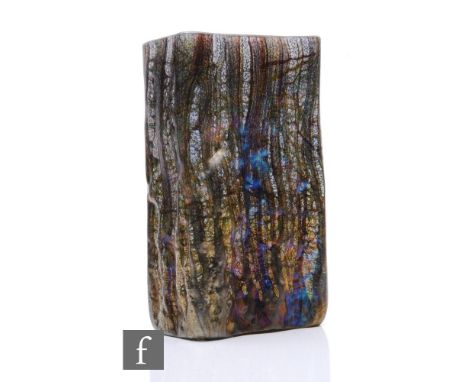 A contemporary Isle of Wight studio glass New Forest vase, designed by Timothy Harris, of textured rectangular slab form, str