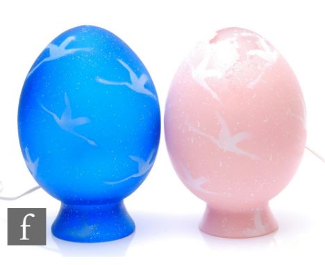 A French glass table lamp of egg form, with spray painted blue mottled decoration and white stencilled birds in flight over c