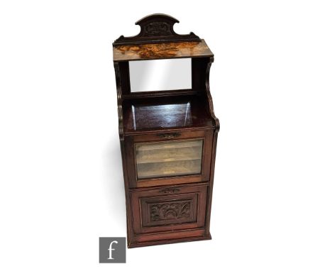 A Victorian mahogany music cabinet fitted with three drawers and a pull down cupboard below a later marquetry inlaid shelf, h