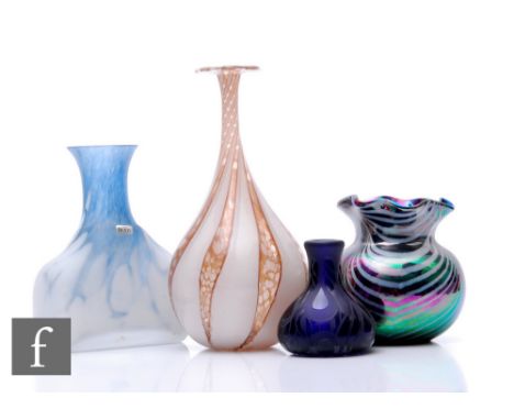 A contemporary studio glass bottle vase by Anthony Stern, clear cased opal and marbled brown striped decoration terminating i