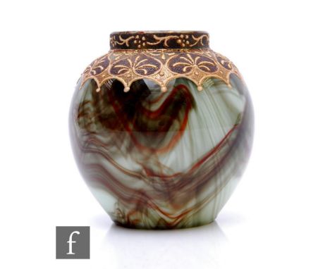 A late 19th Century Loetz marmorierte onyx enamelled vase spherical form with collared rim, enamelled arcaded shoulders with 
