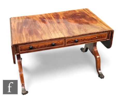 A mid 19th Century mahogany drop flap sofa table fitted with two drawers and dummy drawers, turned wood handles, on box wood 