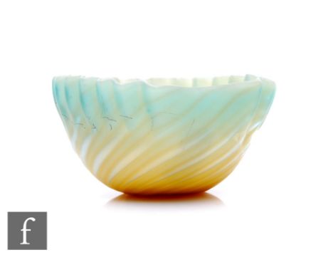 A late 19th Century Stevens and Williams Verre De Soie glass bowl, shell form with crimped rim, graded celadon to brown groun
