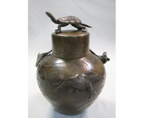 Murakami, an early 20th century bronze jar and pill box cover, the latter surmounted by a turtle, the ovoid body with four bi