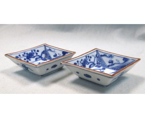 Two Arita blue and white diamond shaped small dishes, each of the brown lined rims enclosing central scenes of two figures on
