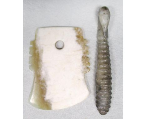 A Han style bird headed jade belt hook together with an axe pendant, the smokey grey stone body of the belt hook carved with 