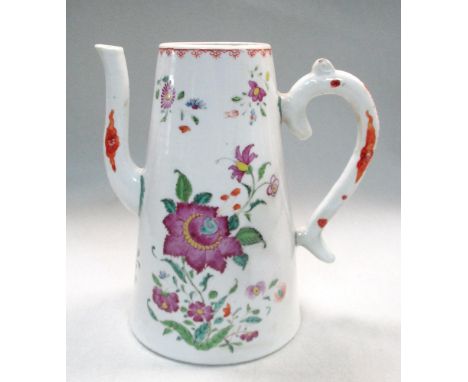 A late 18th century Chinese export coffee pot, the floral painted cylindrical sides tapering to an iron red pendant rim band,