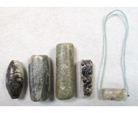 Five jade and agate beads/pendants, two of tubular shape and possibly Neolithic, the larger 5.5cm (2 in), another carved as a