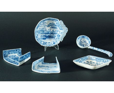 SMALLER SPODE WARES: a Flower Cross pattern asparagus server, 9.0cm, unmarked; a Castle pattern asparagus server, width  9.0c