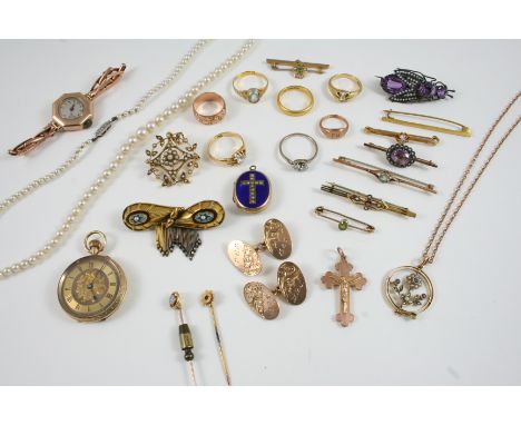 A QUANTITY OF JEWELLERY including a Victorian gold, blue enamel and half pearl oval locket pendant, a  9ct. gold foliate engr