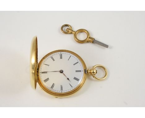 AN 18CT. GOLD FULL HUNTING CASED POCKET WATCH the white enamel dial with Roman numerals, with engine turned decoration to bot