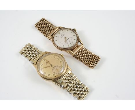 A 9CT. GOLD AUTOMATIC WRISTWATCH BY OMEGA the signed circular dial with dagger and dot numerals and Arabic 12, subsidiary sec