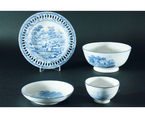 SPODE CHINA WARES: a rare Pastoral Scene pierced china tea plate, 18.5cm, printed mark; a bat-printed bone china bowl,  16.0c