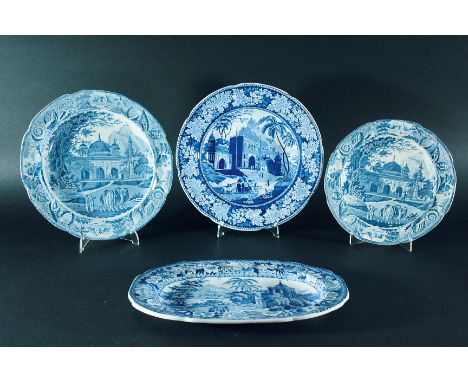 HERCULANEUM INDIAN VIEWS;  a small platter with View in the Fort, Madura, 27.6cm, impressed mark; a soup plate with A Gate of