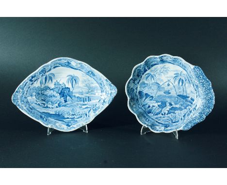 TWO SPODE INDIAN SPORTING SERIES DESSERT DISHES: a shell dish with "Common Wolf Trap", 23.4cm; and a diamond dish with "Hunti