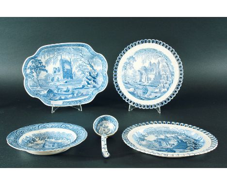 DAVENPORT FISHERMAN SERIES: a lobed dessert dish, 27.1cm; two arcaded dessert plates, 22.8cm and 23.0cm; a dished plate, 18.8