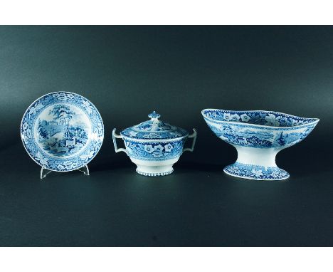 OSTERLEY PARK: a footed oval comport, 24.4cm; a broth bowl and cover, diameter 13.7cm; and a large saucer, 16.9cm; all  unmar