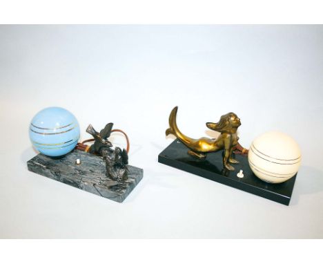 ART DECO LAMP with a metal figure of a Mermaid and a glass globe, mounted on a black slate base. Also with another Art Deco l