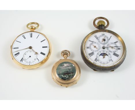 AN 18CT. GOLD OPEN FACED POCKET WATCH the white enamel dial with Roman numerals and subsidiary seconds dial, glass missing, 4