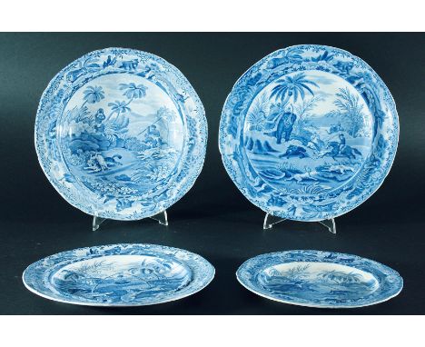 FOUR SPODE INDIAN SPORTING PLATES: a dinner plate with "Death of the Bear", 24.9cm; a soup plate with "Chase After a Wolf", 2