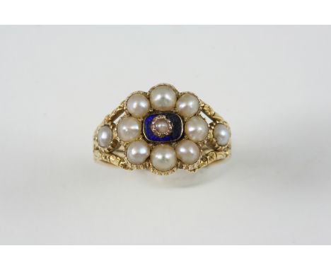 A GEORGIAN PEARL AND ENAMEL RING  the cluster is centred with a section of blue enamel within a surround of half pearls, in g