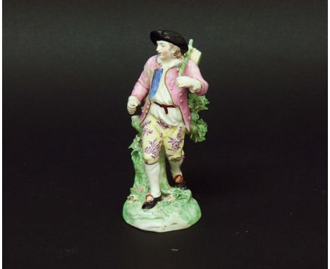 DERBY FIGURE OF A TRAVELLER, model number No 190, the man with a barrel on his shoulder, repairs and losses, incised and patc