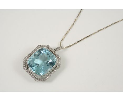 AN EARLY 20TH CENTURY AQUAMARINE AND DIAMOND PENDANT set with a cushion-shaped aquamarine weighing approximately 45.00 carats