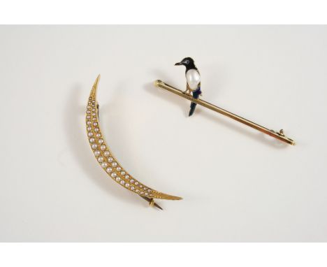AN 18CT. GOLD AND PEARL SET OPEN CRESCENT BROOCH set with two rows of graduated half pearls, 5cm. long, together with a gold,
