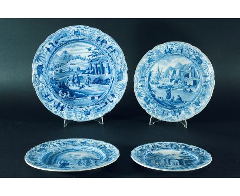 FOUR SPODE CARAMANIAN PLATES: a soup plate with City of Corinth, 25.3cm; a dessert plate with Necropolis or Cemetery of Cacam