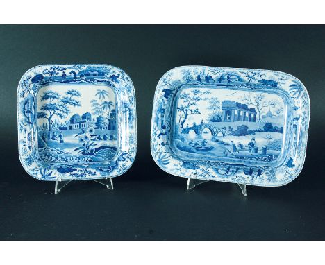 SPODE CARAMANIAN SERIES: a rectangular stand with Citadel near Corinth, 26.9cm; and a square dish or stand with Sarcophagi at