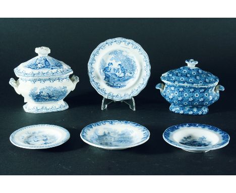 A COLLECTION OF TOY DINNER WARES: a Children with Wheelbarrow tureen and cover, 11.3cm, and a matching plate, 10.6cm; a sheet