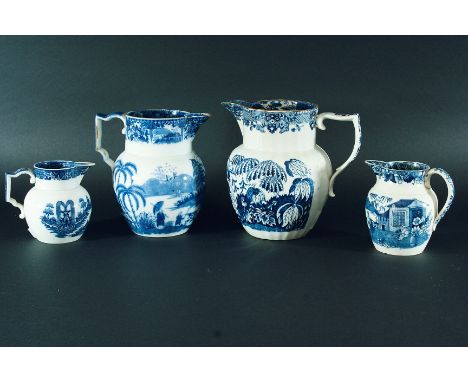 FOUR CHINOISERIE JUGS: Chinese Family, 22.2cm; Hornblower, fluted with ochre rim, 20.1cm, unidentified pattern with prominent