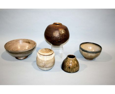 STUDIO POTTERY including a stoneware bowl by Richard Batterham, a lidded jar by Joe Finch, and three other items of Studio Po