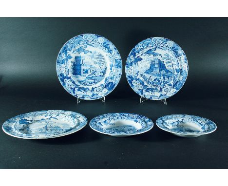 FIVE DON POTTERY NAMED ITALIAN VIEWS PLATES: a dinner plate with "Obelisk at Catania", 23.4cm; a soup plate with "View in Ali