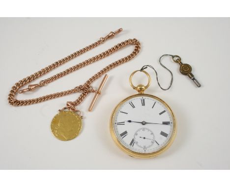 AN 18CT. GOLD OPEN FACED POCKET WATCH the white enamel dial with Roman numerals and subsidiary seconds dial, with presentatio