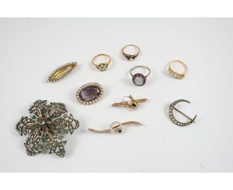 A QUANTITY OF JEWELLERY including an opal five stone ring, size N 1/2, a garnet and moonstone ring, size K 1/2, a sapphire, r