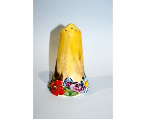 CLARICE CLIFF SUGAR SIFTER in the My Garden design, hand painted with flowers around the base. Marked, Bizarre by Clarice Cli
