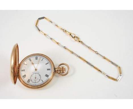 A 9CT. GOLD HALF HUNTING CASED POCKET WATCH BY ELGIN the signed white enamel dial with Roman numerals and subsidiary seconds 