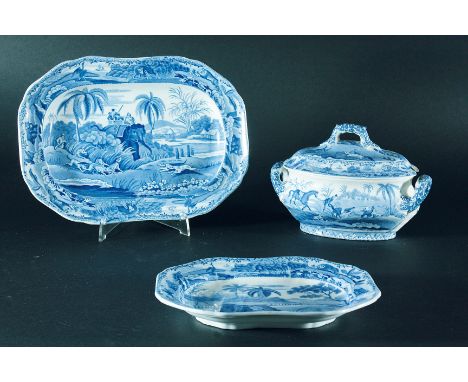 SPODE INDIAN SPORTING SERIES: a small platter with "Hunting a Civet Cat", 26.0cm; an oval sauce tureen and cover with "The De