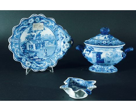 OTTOMAN EMPIRE SERIES: a sauce tureen and cover with View near Tortosa, 20.0cm; a shell dessert dish with "Ciala Kavak",  22.