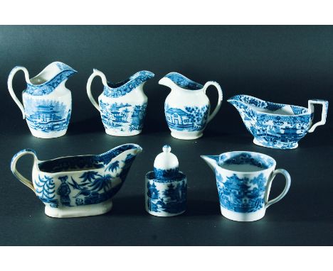 SMALL CHINOISERIES WARES: a One-Man Chinoiserie miniature tea caddy and cover, 8.2cm; a Parasol and Birds sauceboat, 15.7cm; 