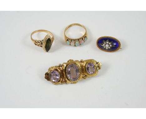 AN OPAL FIVE STONE RING set with five graduated opal cabochons, in 18ct. gold, size N, together with a Victorian blue enamel,