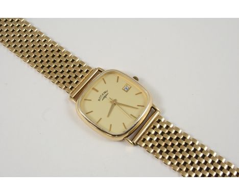 A 9CT. GOLD WRISTWATCH BY ROTARY the signed cushion-shaped dial with baton numerals, sweep seconds hand and date aperture, on