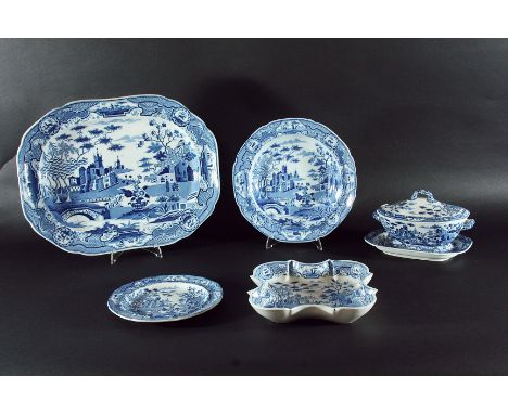SPODE GOTHIC CASTLE PART SERVICE, early 19th century, comprising dishes, platters, plates and other items (parcel) Generally 