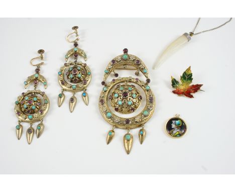A QUANTITY OF JEWELLERY including a pair of silver gilt ornate earrings, set with turquoise cabochons and circular garnets, 6