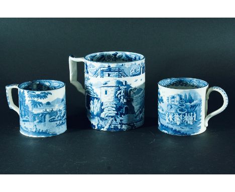 THREE MUGS WITH SCENIC PATTERNS: a larger mug with a Round Tower, Wooden Footbridge, and Pillar with Urn, 13.0cm; a small mug