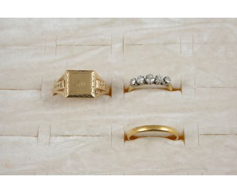A DIAMOND FIVE STONE RING the five graduated old circular-cut diamonds are set in 18ct. gold and platinum, size K, together w