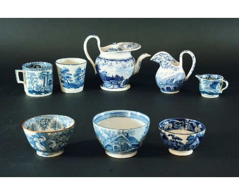 ASSORTED TEAWARES: a small teapot and cover and matching creamer with unrecorded British scenes, 12.7cm and 10.0cm; a  Pillar