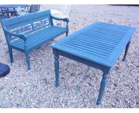 A painted wooden garden bench - Length 139cm and a matching table - Height 70cm x 150cm x 80cm